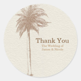 Bruin vintage palmbomen strand trouwgunst ronde sticker