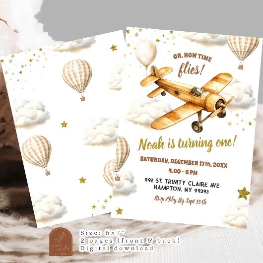 Bruin  vliegtuigtijd vliegt eerste verjaardag kaart