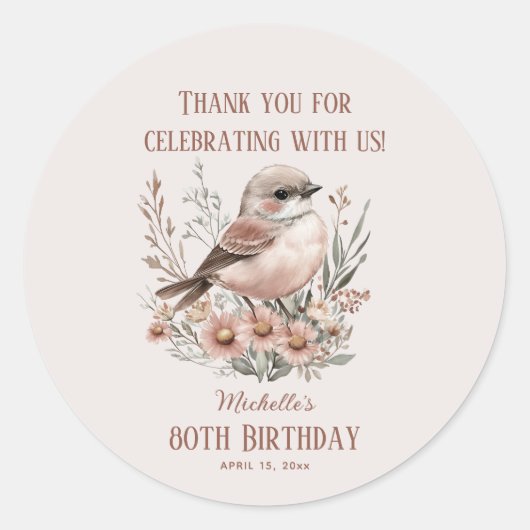 Bruin Vogel 80ste Verjaardag Dank U Ronde Sticker (Voorkant)