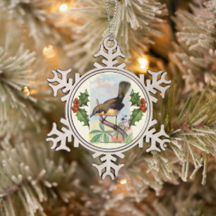 Bruin Vogel Sneeuwvlok Pewter Kerst Ornament