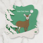 Bruin Vrouw Deer Beside Pine Tree in Sneeuwgroen Bedankjes Labels (Achterkant)