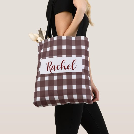 Bruin White Gingham Persoonlijke Canvas tas (Dichtbij)