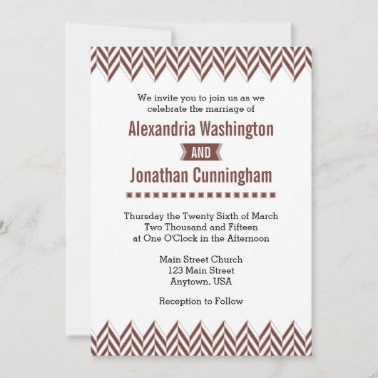 Bruin White Herringbone Wedding Invitation Kaart (Voorkant)