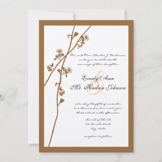 Bruin Wild Flower Branch Wedding Invitation Kaart (Voorkant)