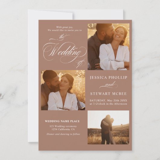 Bruin wit alles in één script foto's bruiloft kaart (Voorkant)