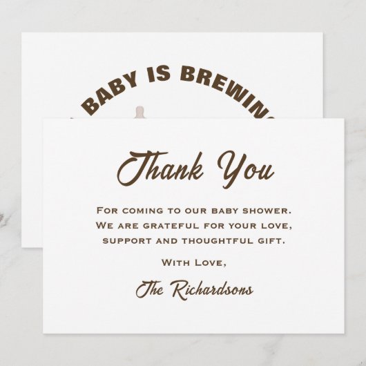 Bruin wit Baby shower koffie een Baby is brouwen Bedankkaart (Voorkant / Achterkant)