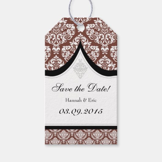 Bruin Wit Damask Sla de datum Labels op Cadeaulabel (Voorkant)