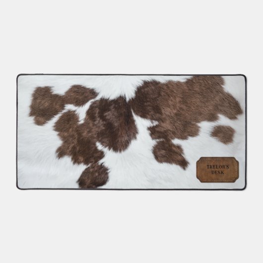 Bruin Wit Gevlekte Faux Koe Bont en Leer Bureaumat (Voorkant)