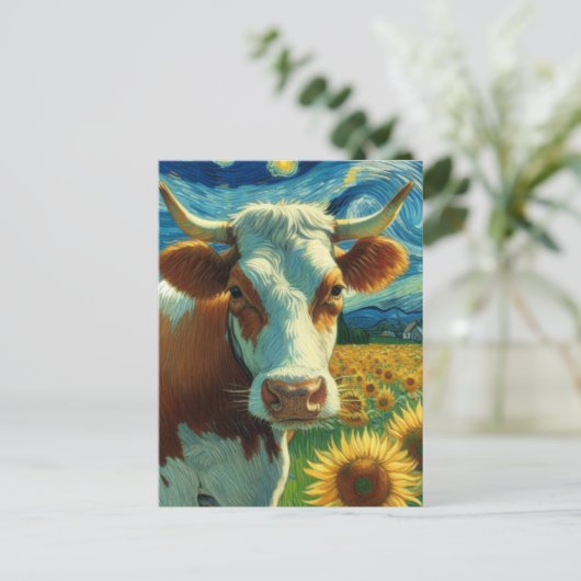 Bruin Wit Koe in een Faux Van Gogh Schilderij Briefkaart (Staand voorkant)