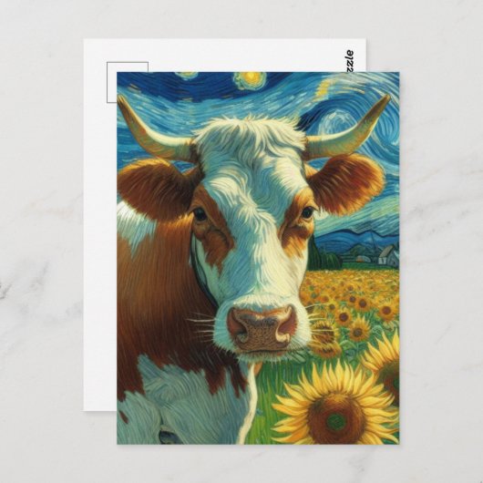 Bruin Wit Koe in een Faux Van Gogh Schilderij Briefkaart (Voorkant / Achterkant)