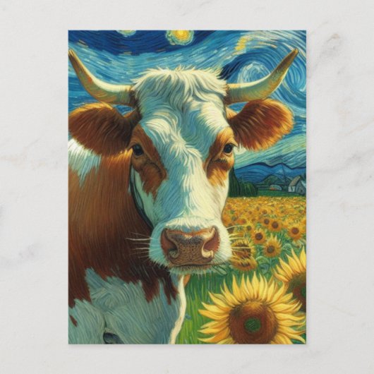 Bruin Wit Koe in een Faux Van Gogh Schilderij Briefkaart (Voorkant)