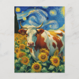 Bruin Wit Koe in een Faux Van Gogh Zonnebloemveld Briefkaart