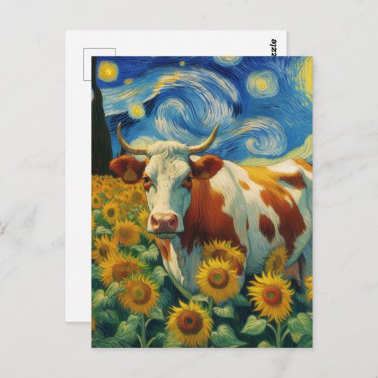 Bruin Wit Koe in een Faux Van Gogh Zonnebloemveld Briefkaart (Voorkant / Achterkant)