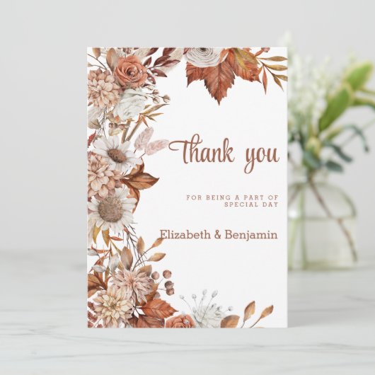 Bruin wit sinaasappel herfst bloemenrustiek Bedank Kaart (Staand voorkant)