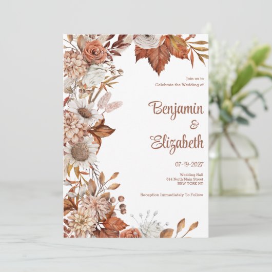 Bruin wit sinaasappel herfst bloemenrustiek Huweli Kaart (Staand voorkant)