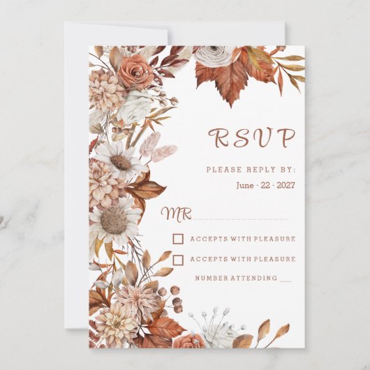 Bruin wit sinaasappel herfst bloemenrustiek RSVP Kaart (Voorkant)