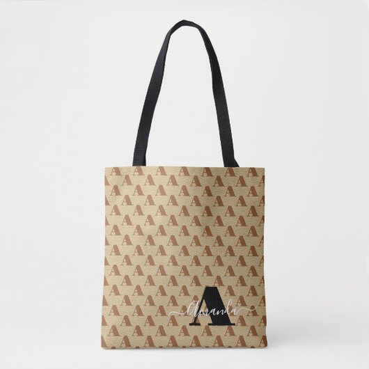 Bruin Wit Zwart Designer Monogram Script Tote Bag (Voorkant)