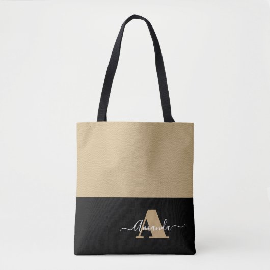 Bruin Wit Zwart Minimaal Monogram Script Tote Bag (Voorkant)