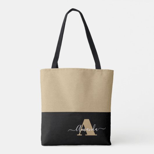 Bruin Wit Zwart Minimaal Monogram Script Tote Bag (Achterkant)