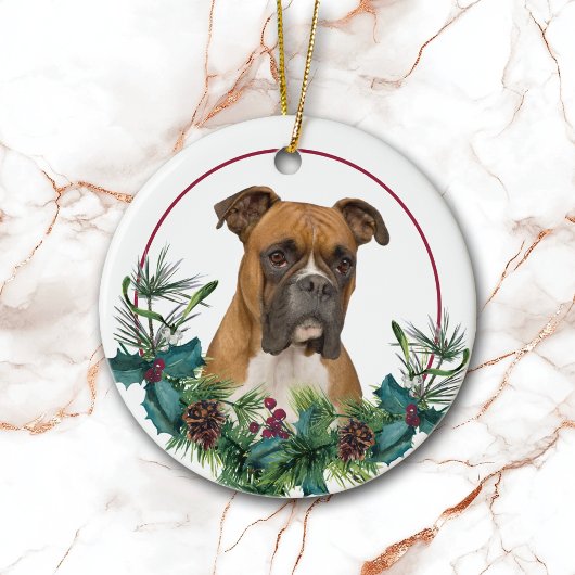 Bruin witte boxer Dog Evergreen Wreath Keramisch Ornament