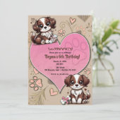 Bruin & Witte Puppy Hond Roze Hart Verjaardagsfees Kaart (Staand voorkant)
