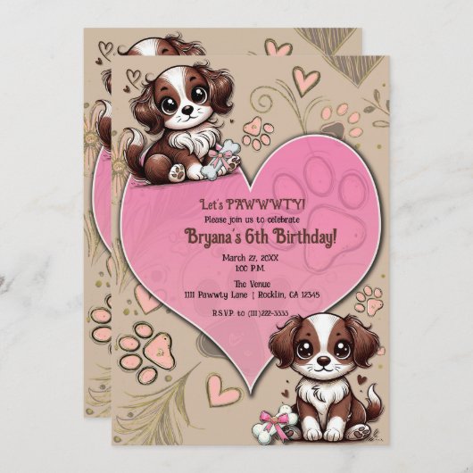 Bruin & Witte Puppy Hond Roze Hart Verjaardagsfees Kaart (Voorkant / Achterkant)