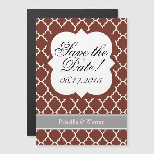 Bruin witte Quatrefoil bespaart de datum Magnet Magnetische Uitnodiging (Voorkant / Achterkant)