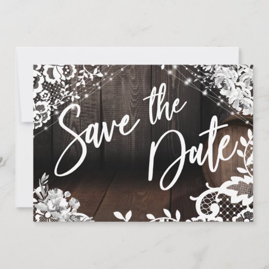 Bruin Wooden Barrel White Lace & Flowers Save The Date (Voorkant)