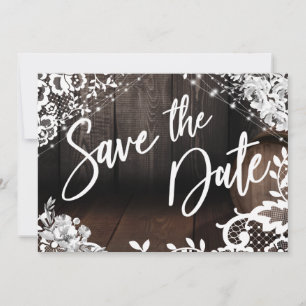 Bruin Wooden Barrel White Lace & Flowers Save The Date
