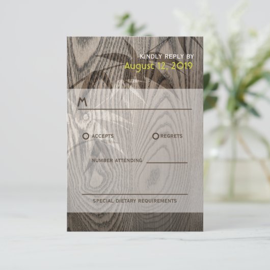 Bruin Woodgrain Bamboo Leaves Rustic Asian Wedding RSVP Kaartje (Staand voorkant)