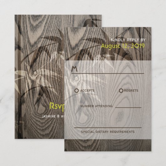 Bruin Woodgrain Bamboo Leaves Rustic Asian Wedding RSVP Kaartje (Voorkant / Achterkant)