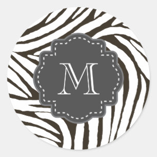 Bruin Zebra Print Monogram Ronde Sticker