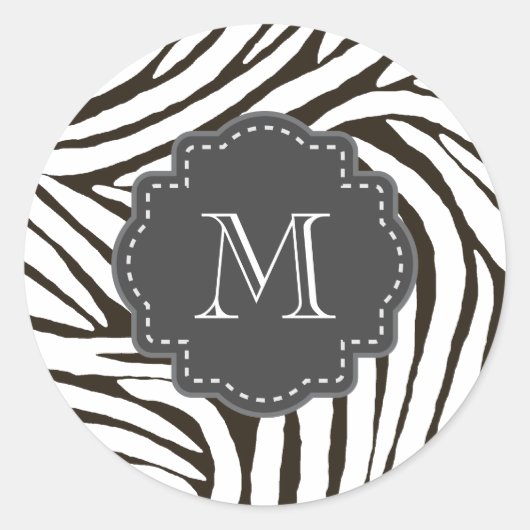 Bruin Zebra Print Monogram Ronde Sticker (Voorkant)