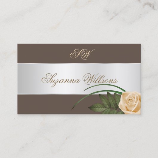 Bruin zilveren decor-Roos ventilator met Initialen Visitekaartje (Voorkant)