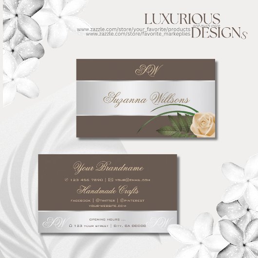 Bruin zilveren decor-Roos ventilator met Initialen Visitekaartje