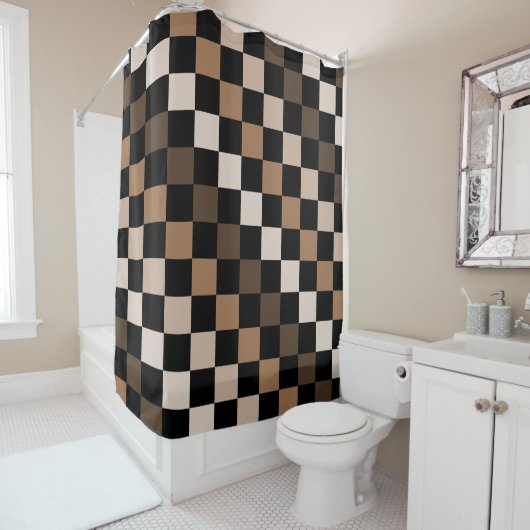 Bruin Zwart geruit Gingham Patroon Douchegordijn (In situ)