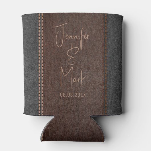 Bruin & Zwart Gestikt Leer Aangepaste Tekst Blikjeskoeler (Achterkant)