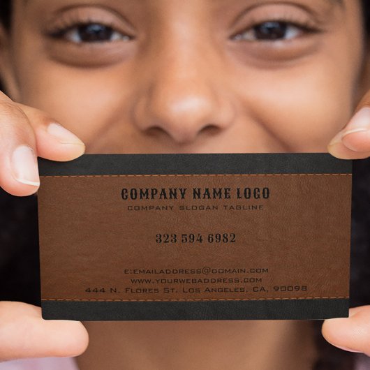 Bruin Zwart Gestikt Leren Textuur Aangepaste Tekst Visitekaartje