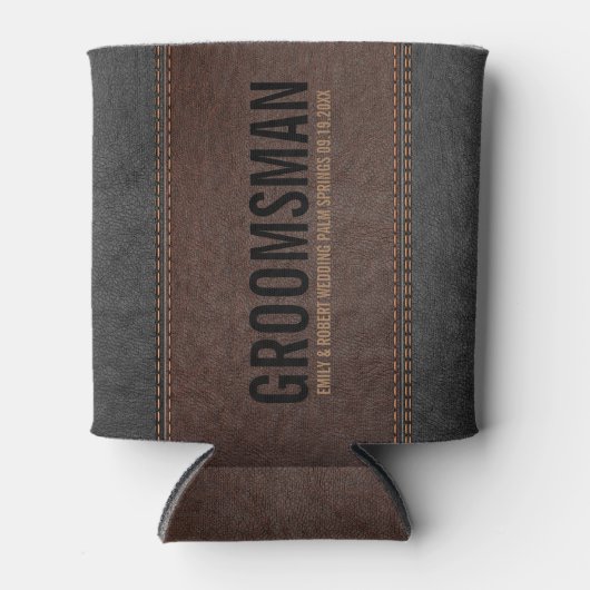 Bruin & Zwart gestikte  Lederen Groomsman Blikjeskoeler (Voorkant)