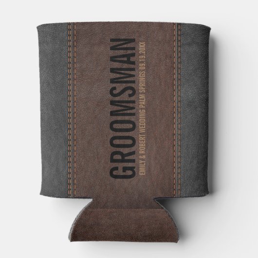 Bruin & Zwart gestikte  Lederen Groomsman Blikjeskoeler (Achterkant)
