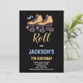 Bruin Zwart Jongen Schaatsen Verjaardag Uitnodigin Kaart (Staand voorkant)