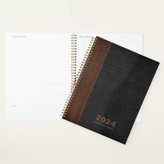 Bruin Zwart leder Custom Diary Tekst Planner (Display)