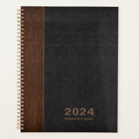 Bruin Zwart leder Custom Diary Tekst Planner (Voorkant)
