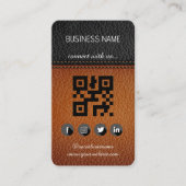 Bruin-zwart lederen ontwerp-sociale media QR-code Visitekaartje (Voorkant)