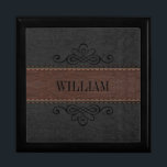 Bruin & Zwart  leertextuur Cadeaudoosje<br><div class="desc">Elegant afbeelding van bruin en zwart  lederen textuur met stiksels effect.  monogram in zwart met kalligrafische zwarte wervelingen ontwerpelement.</div>