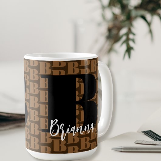 Bruin Zwart Monogram Wit Script Naam Modern Koffiemok