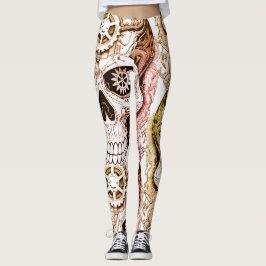 Bruin+Zwart Steampunk Suiker Skull Design op strak Leggings