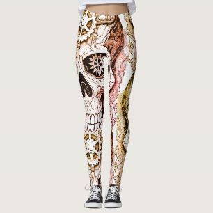Bruin+Zwart Steampunk Suiker Skull Design op strak Leggings
