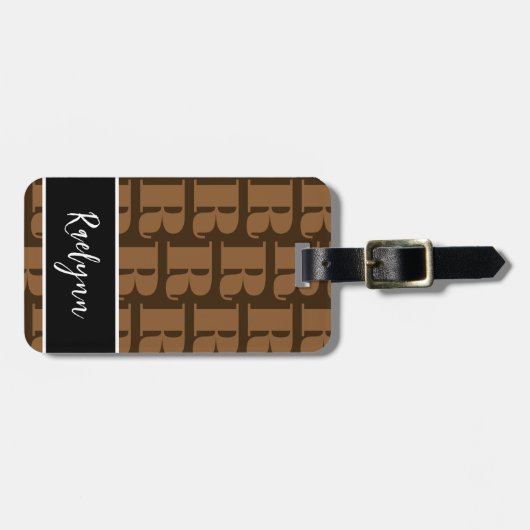 Bruin Zwart Wit Modern Monogram Initiaal Letter Bagagelabel (Voorkant horizontaal)