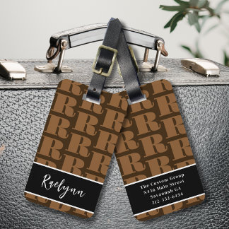 Bruin Zwart Wit Modern Monogram Initiaal Letter Bagagelabel